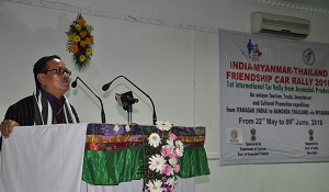 The Governor of Arunachal Pradesh Shri JP Rajkhowa addressing on the Curtain Raiser function of the �India-Myanmar-Thailand Friendship Car Rally�  at Golden Jubilee Banquet Hall, Itanagar on 21st May 2016.